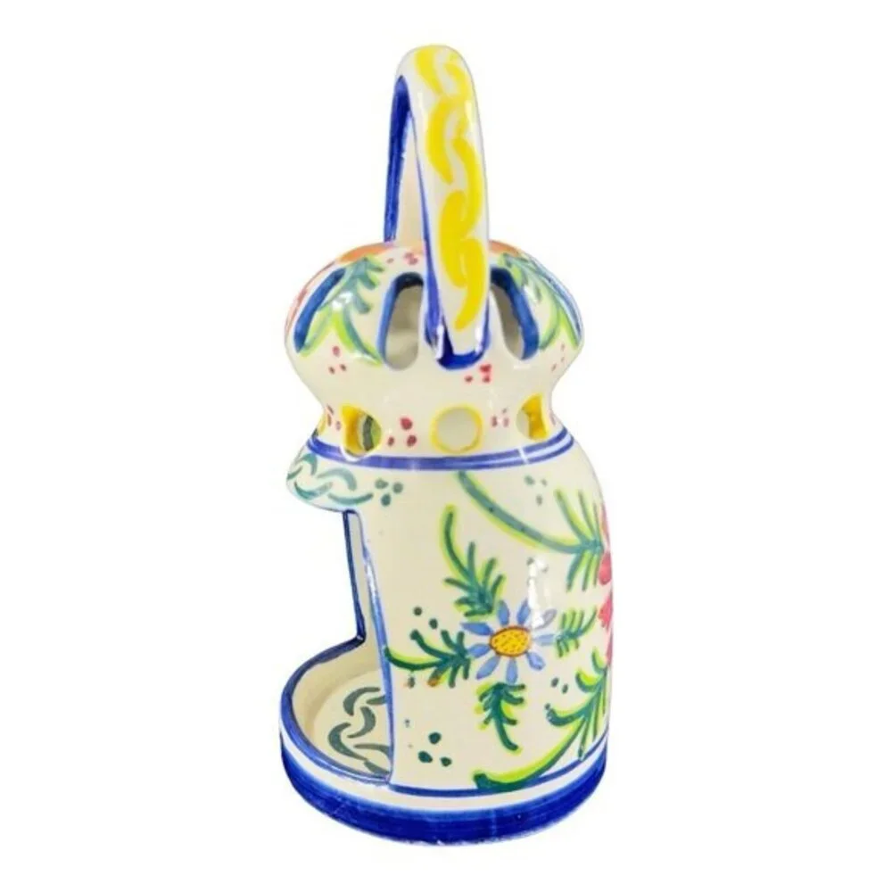 Folk‎ Art Pottery Candle Holder W Handle Votive Hand Painted Made In Spain Vtg